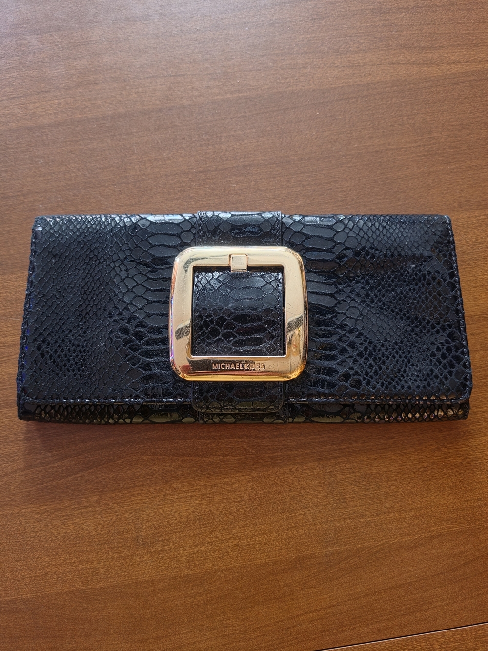 Michael Kors Black Snake-Embossed Wallet with Gold Buckle Accent